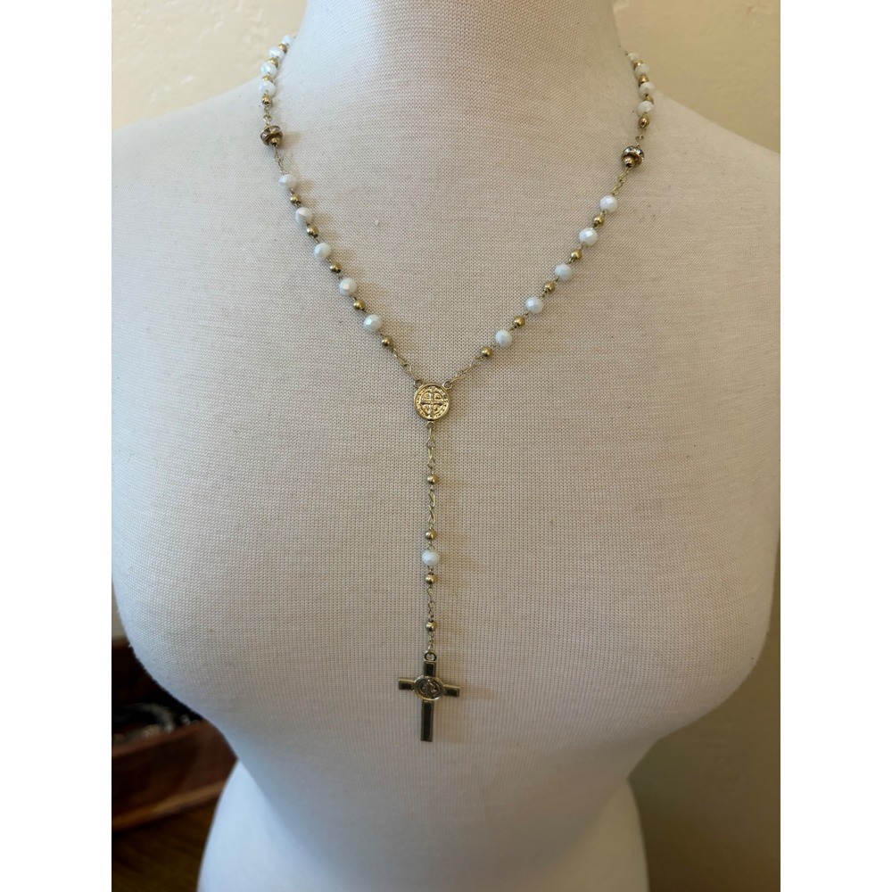 Gold Tone Saint Benedict Rosary Necklace White Beaded Cross Pendant‎ 24 Inch